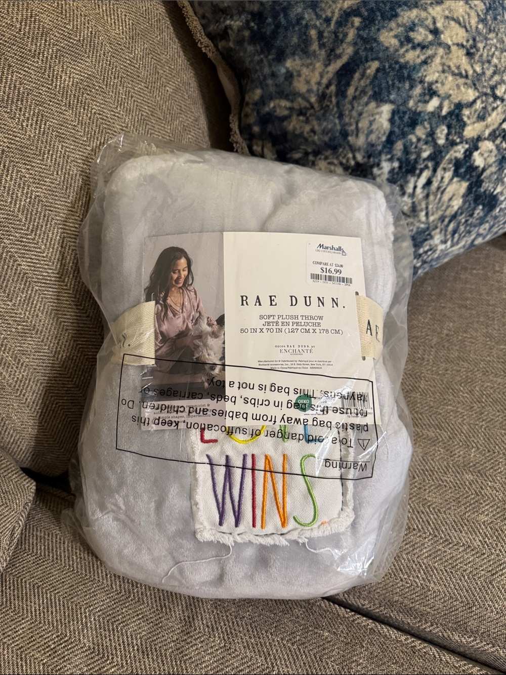 Rae Dunn Gray Plush Patch Throw Blanket Multicolor Rainbow 'LOVE WINS' Pride